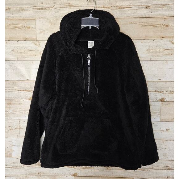 Victorias Secret PINK Hoodie Teddy Jacket Sweatshirt 1/4 Zip Black Oversized L - Picture 1 of 8